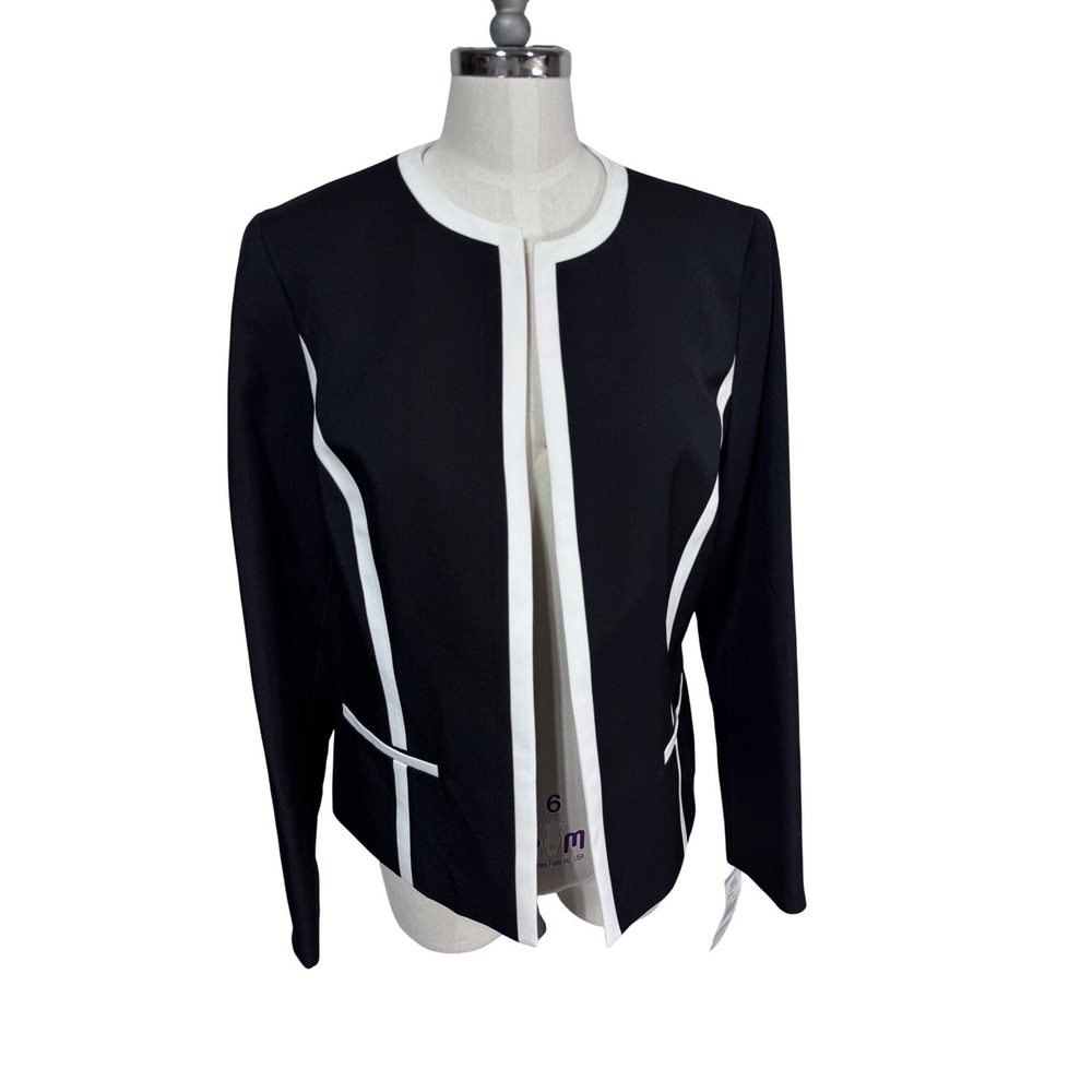 Black Label Evan‎ Picone Blazer Jacket Sz 6 Black White Career Chic Professional